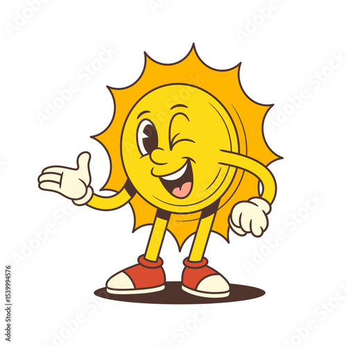 Sun mascot winking while making an inviting hand gesture. Ideal for summer, vacation, weather, and cheerful branding projects. Perfect for logos, social media, and advertising materials