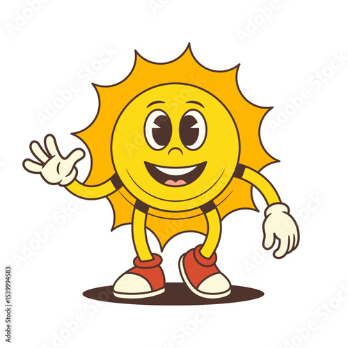 Sun mascot walking forward and waving a friendly greeting hand gesture. Suitable for summer, vacation, weather, and cheerful branding. Ideal for logos and promotional materials. Vector illustration
