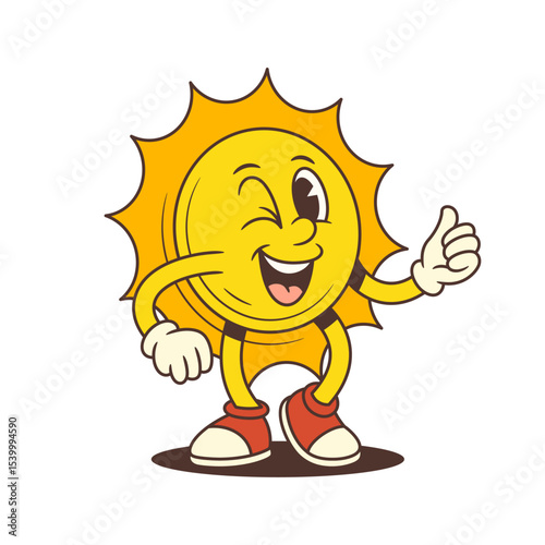 Happy vintage sun mascot winking and showing a thumbs up gesture with confidence. Suitable for summer themes, vacation designs, branding, and playful projects. Vector illustration