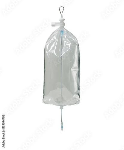 IV fluid bag hanging, used for delivering medication and hydration in medical settings. Isolated on transparent white background, png	
