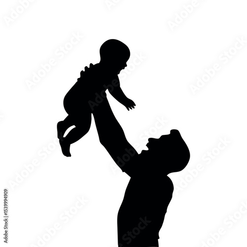 Father Lifting Child in Air Silhouette | Joyful Dad and Kid Vector Illustration on White Background