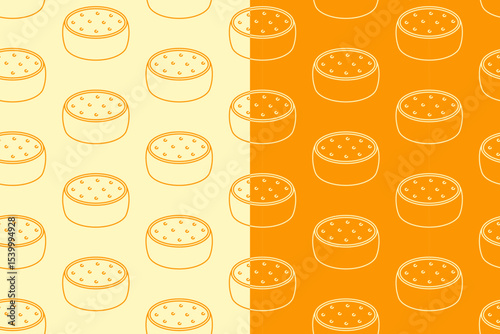 Cheese wheels line art seamless pattern on yellow white background. Cheese block linear doodle pattern background. Cheddar outline isolated motif wallpaper. foods label, packaging and merchandise