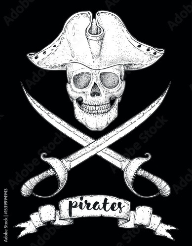 Pirate skull sketch. Hand drawn vector illustration. Pirate skull wearing a tricorn hat. Vintage design.