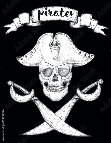 Pirate skull sketch. Hand drawn vector illustration. Pirate skull wearing a tricorn hat. Vintage design.
