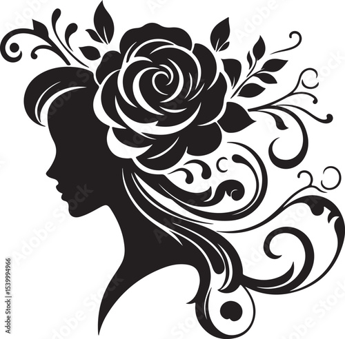 Stylized female silhouette with blooming flower hair – perfect for floral beauty logos, feminine branding, salon art, and decorative vector projects.

