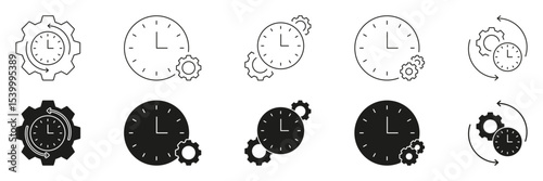 Clock And Gear Line And Solid Icon Set. Time Management, Efficiency, And Process Optimization Symbol Collection. Workflow And Productivity Enhancement. Isolated Vector Illustration