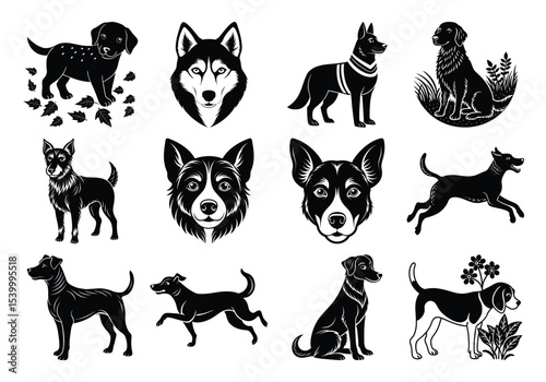 set of dogs silhouettes , vector, isolated black silhouette of a dog, collection 