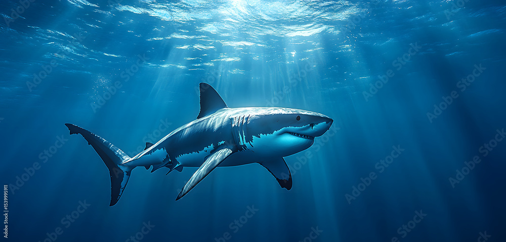 Naklejka premium Great white swims deep blue ocean. Predator animal in action. Underwater sea wildlife. Stunning marine life, dangerous big fish in natural habitat. Marine life aquatic animal illustration.