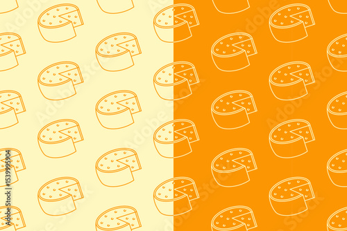 Cheese wedges line art seamless pattern on yellow white background. Cheese wedge linear doodle pattern background. Cheddar outline isolated motif wallpaper. foods label, packaging and merchandise