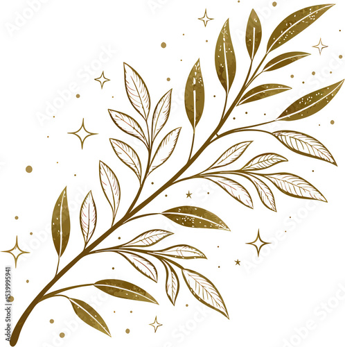 Elegant Gold Branch with Leaves and Stars Botanical Design, transparent background