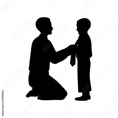 Father Tying Son’s Necktie Silhouette | Caring Dad and Child Vector Illustration on White Background