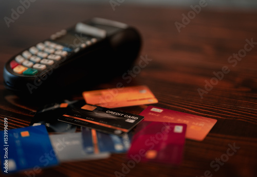 Close-up of hands using a credit card with payment terminal on wooden counter. Contactless transaction in small business setting.