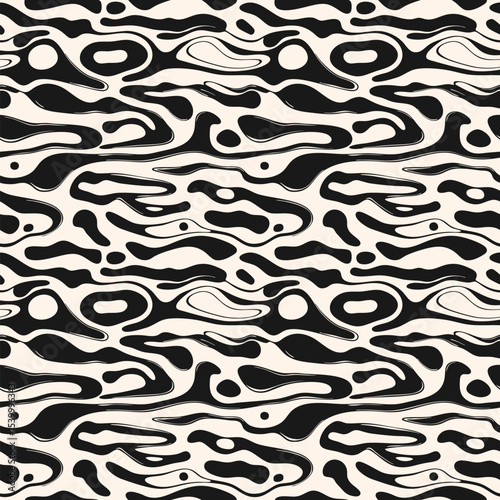 Abstract seamless pattern with organic shapes. Vector monochrome background with liquid lines, fluid shapes, ink spots, biological structures. Black and white funky groovy wavy texture. Trendy design
