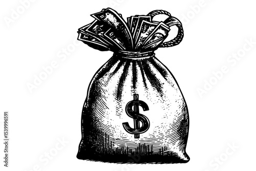 Illustration of a bag of money in vintage stipple engraving style isolated on transparent background