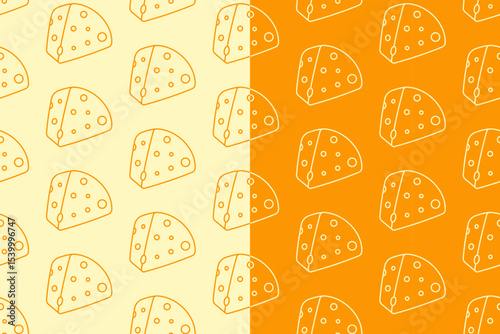 Cheese slice line art seamless pattern on yellow white background. Cheese slices linear doodle pattern background. Cheddar outline isolated motif wallpaper. foods label, packaging and merchandise