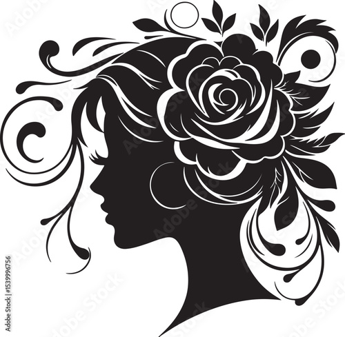 Stylized female silhouette with blooming flower hair – perfect for floral beauty logos, feminine branding, salon art, and decorative vector projects.


