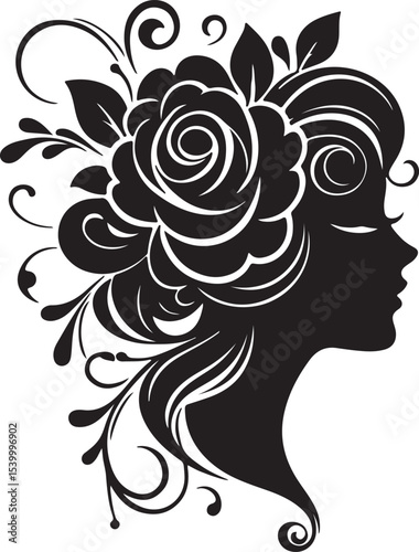 Stylized female silhouette with blooming flower hair – perfect for floral beauty logos, feminine branding, salon art, and decorative vector projects.

