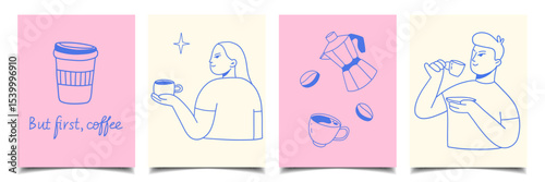 set of minimalistic postcards, banners, templates with hand-drawn coffee doodles