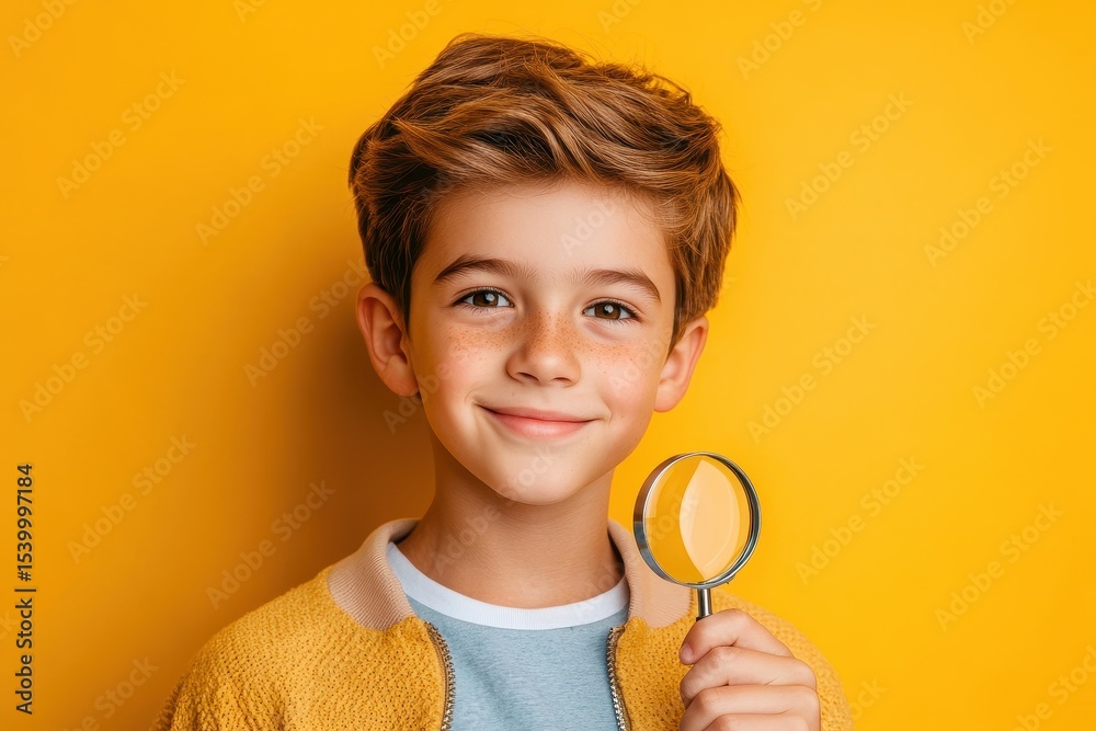 Boy with Magnifying Glass: Cheerful Child Exploring and Smiling at Camera Boy with Magnifying Glass: Cheerful Child Exploring and Smiling at Camera