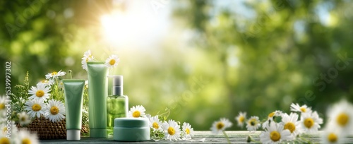 Green skincare products and daisies on a wooden surface against a bright, sunny, blurred green background