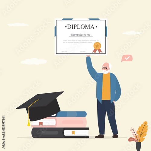 Senior education, old man learning online with books. Older person study for new job. Concept of additional studying. Grandfather holds diploma or certificate.