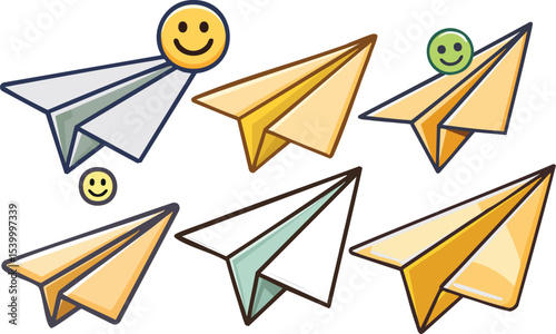 Vector Whimsical Paper Airplanes with Smiley Faces in Playful Formation and Bright Digital Style
