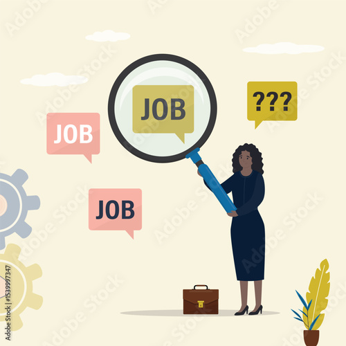 Job seeker woman holds magnifying glass. Businesswoman applicant or office worker looking for job. Problem of unemployment, recruitment. Unhappy female character.