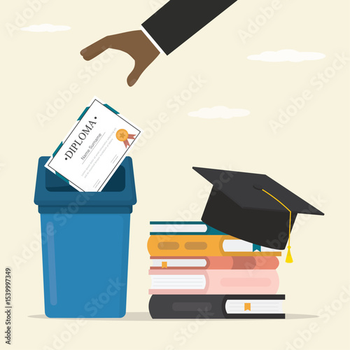 Education crisis. Student hand throw out diploma into trash bin. Education certificate in garbage recycling can. Poor quality learning, useless diploma,