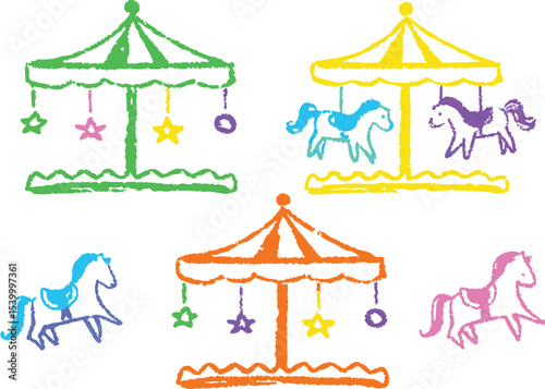 Vintage striped tent with a merry-go-round and horses, a fun park carnival illustration for summer fair entertainment