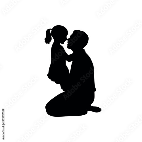 Father Hugging Daughter Silhouette | Kneeling Dad and Girl Vector Illustration for Father’s Day