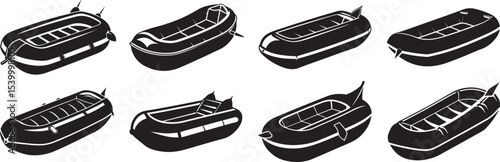 set of inflatable boat silhouette, black and white silhouette, vector and illustration	