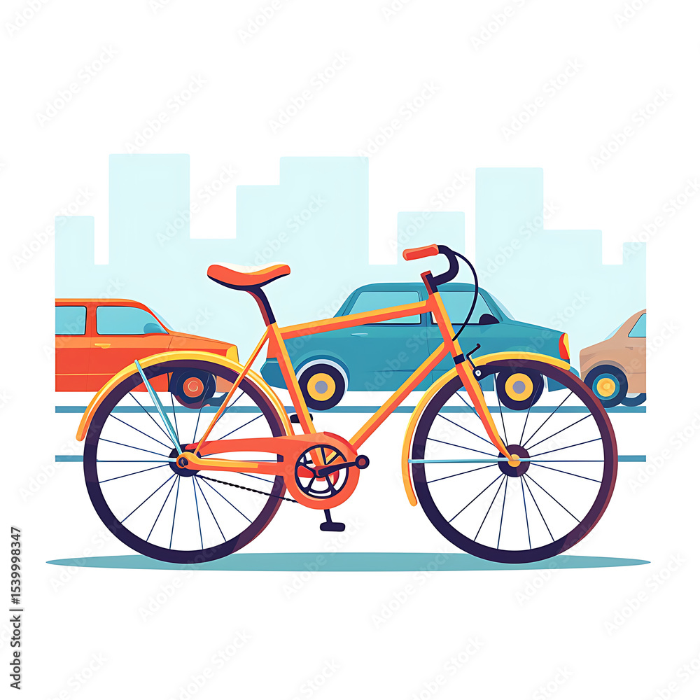 Fototapeta premium Stylish orange bicycle parked beside colorful cars in a bustling cityscape 