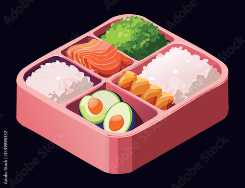 Vibrant Pink Bento Box Healthy Meal - Vector Illustration