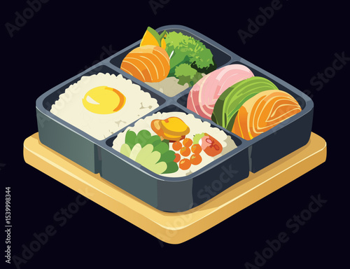 Modern Bento Box Balanced Lunch - Vector Illustration