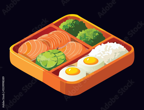 Fresh Salmon Bento Box Healthy Lunch - Vector Illustration