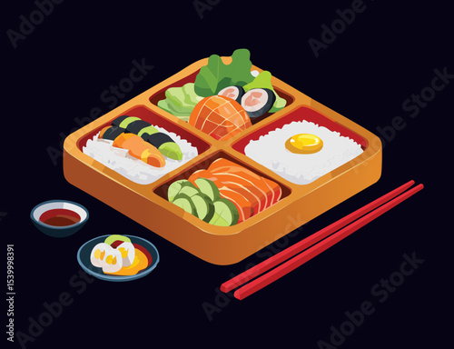 Sushi Bento Box Fresh Delicious Meal - Vector Illustration