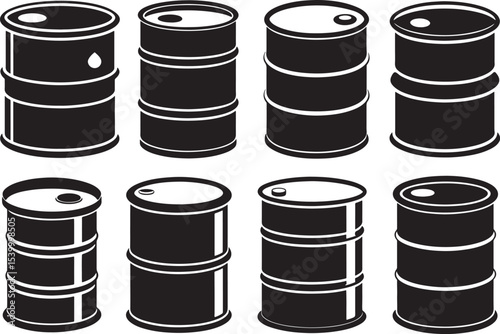 set of metal oil barrel silhouette, black and white silhouette, vector and illustration