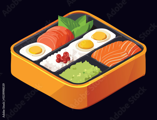 Fresh Seafood Bento Box Healthy Lunch - Vector Illustration