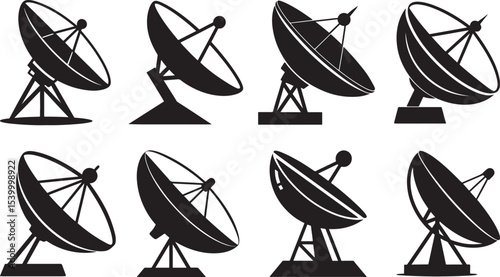 set of satellite dish antenna silhouette, black and white silhouette, vector and illustration