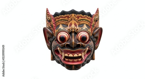 Traditional Balinese Barong Mask with Intricate Carvings and Vivid Colors, Isolated on White Background. Generative AI
