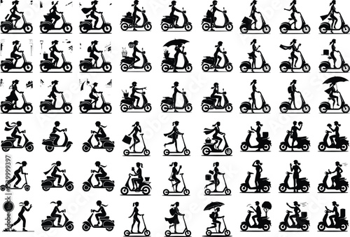 Woman on Scooter Icon Silhouette Set – Trendy Urban Ride Style Scooter Girl Silhouette Collection – Minimal Vector Icons for Modern Life