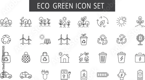 Minimalist Eco Icon Set in Grid Layout Featuring Renewable Energy and Sustainability Symbols