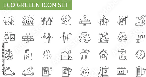 Minimalist Eco Icon Set in Grid Layout Featuring Renewable Energy and Sustainability Symbols