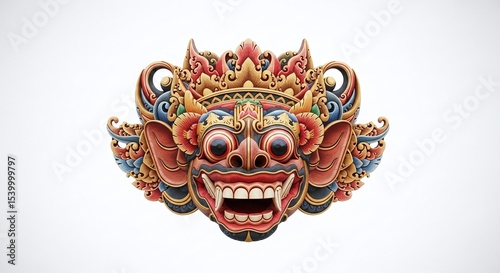 Traditional Balinese Barong Mask with Intricate Carvings and Vivid Colors, Isolated on White Background. Generative AI