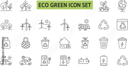 Minimalist Eco Icon Set in Grid Layout Featuring Renewable Energy and Sustainability Symbols
