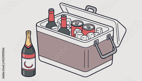    A picnic cooler with ice stocked to the brim with an assortment of chilled beverages, including cans of soda, and bottles of beer and wine, ready to quench the thirst of outdoor enthusiasts