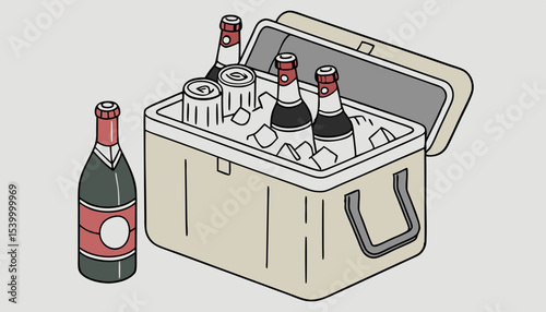    A picnic cooler with ice stocked to the brim with an assortment of chilled beverages, including cans of soda, and bottles of beer and wine, ready to quench the thirst of outdoor enthusiasts