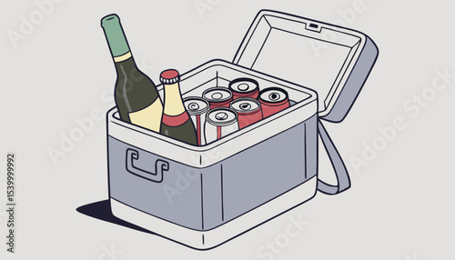    A picnic cooler with ice stocked to the brim with an assortment of chilled beverages, including cans of soda, and bottles of beer and wine, ready to quench the thirst of outdoor enthusiasts