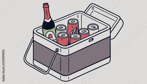   A picnic cooler with ice stocked to the brim with an assortment of chilled beverages, including cans of soda, and bottles of beer and wine, ready to quench the thirst of outdoor enthusiasts