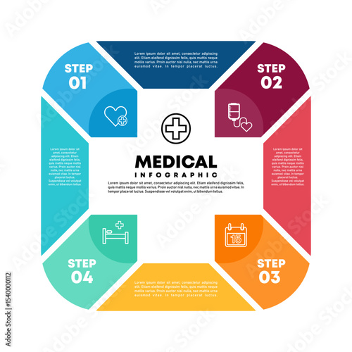 Vector plus infographic, medical diagram, healthcare graph, hospital presentation, emergency chart. Medicine doctor logo. Concept with 4 options, parts, steps, processes.
